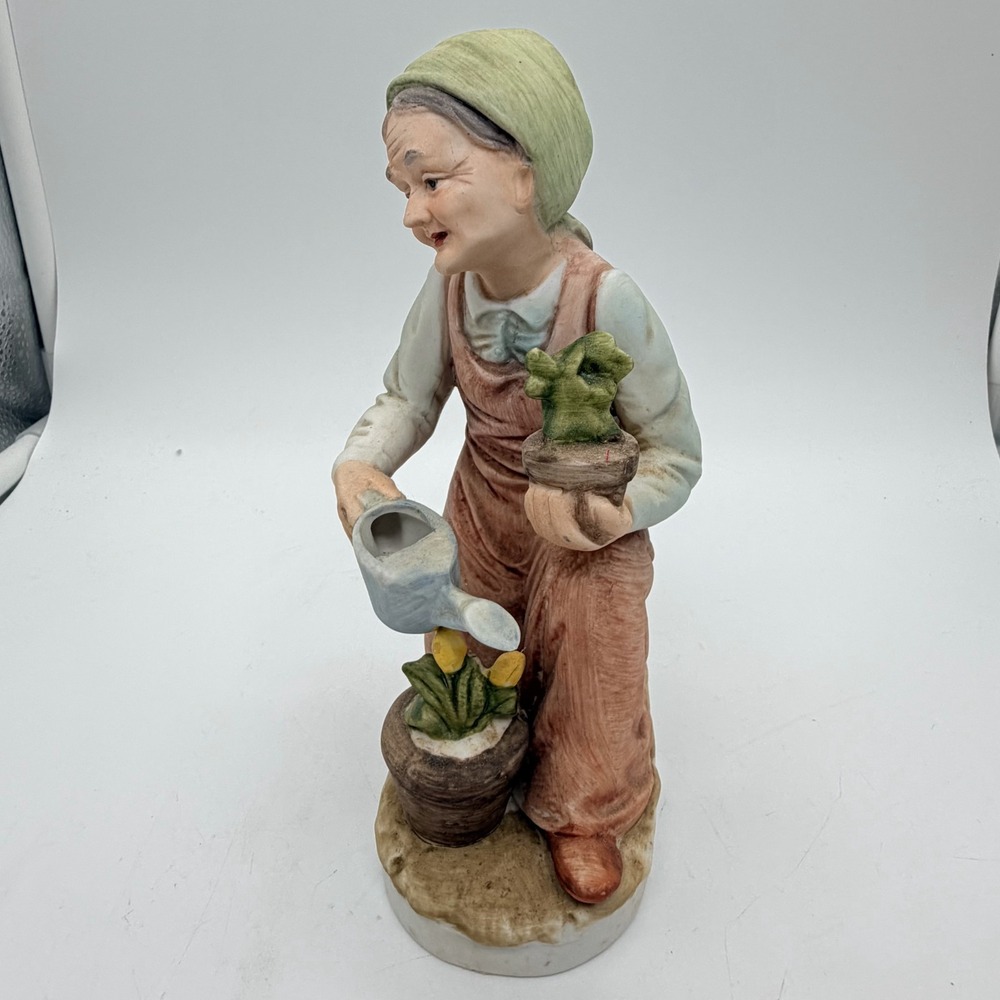 Vintage Ardco Peasant Old Woman Gardening Figurine 6.5" Kneeling Watering Flower